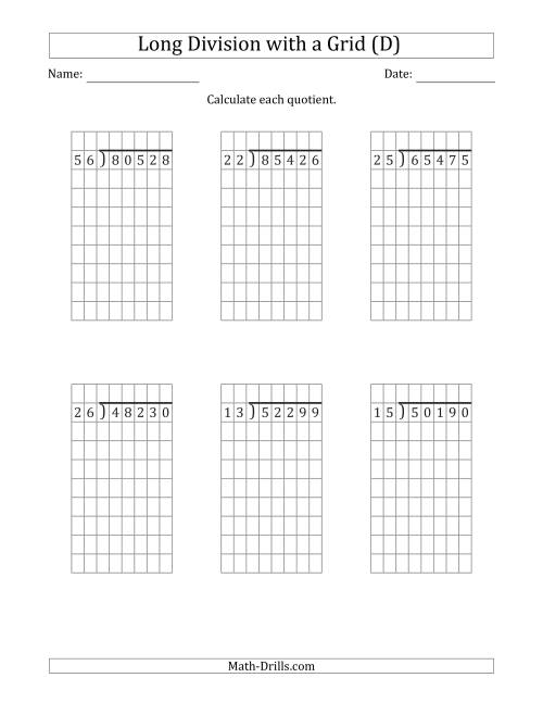 The 5-Digit by 2-Digit Long Division with Grid Assistance and NO Remainders (D) Math Worksheet