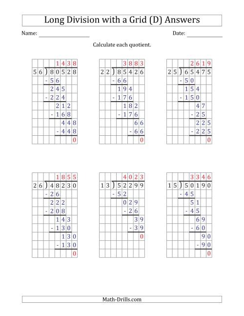 The 5-Digit by 2-Digit Long Division with Grid Assistance and NO Remainders (D) Math Worksheet Page 2