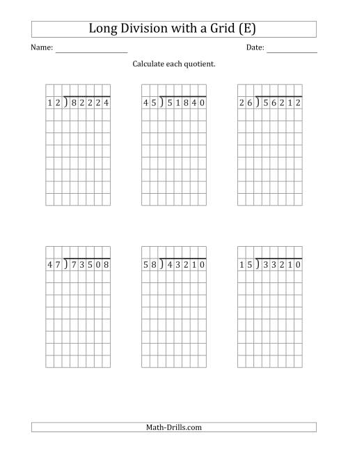 The 5-Digit by 2-Digit Long Division with Grid Assistance and NO Remainders (E) Math Worksheet