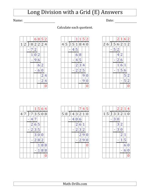 The 5-Digit by 2-Digit Long Division with Grid Assistance and NO Remainders (E) Math Worksheet Page 2