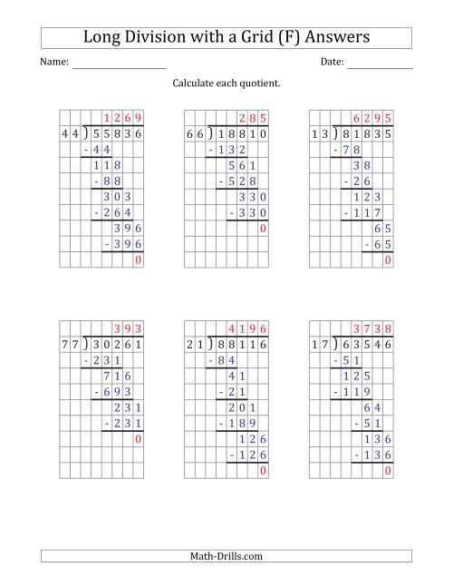 The 5-Digit by 2-Digit Long Division with Grid Assistance and NO Remainders (F) Math Worksheet Page 2