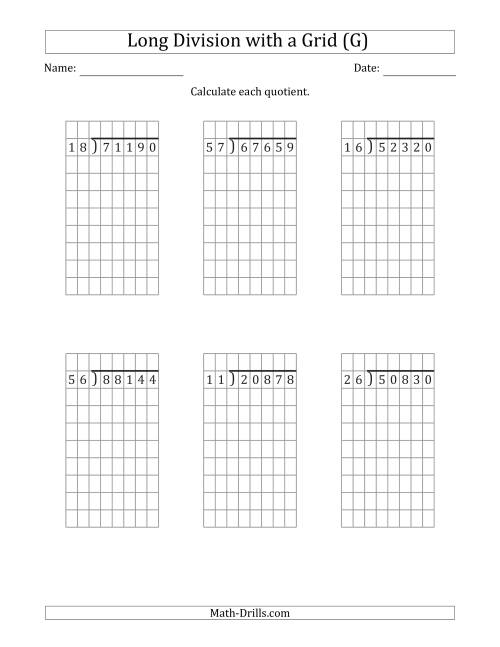 The 5-Digit by 2-Digit Long Division with Grid Assistance and NO Remainders (G) Math Worksheet