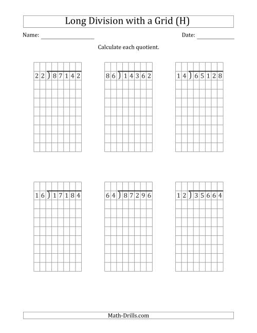 The 5-Digit by 2-Digit Long Division with Grid Assistance and NO Remainders (H) Math Worksheet