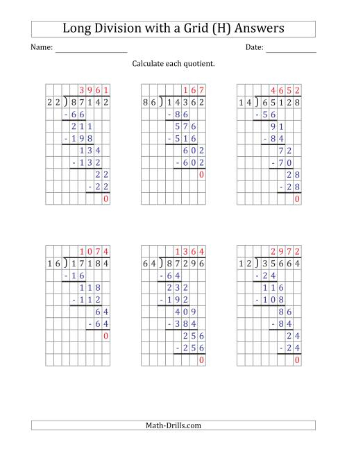 The 5-Digit by 2-Digit Long Division with Grid Assistance and NO Remainders (H) Math Worksheet Page 2