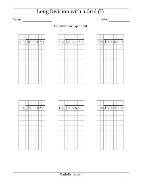 The 5-Digit by 2-Digit Long Division with Grid Assistance and NO Remainders (I) Math Worksheet