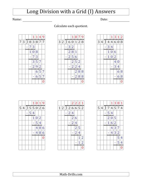 The 5-Digit by 2-Digit Long Division with Grid Assistance and NO Remainders (I) Math Worksheet Page 2