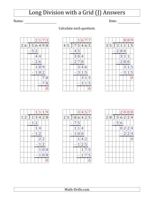 The 5-Digit by 2-Digit Long Division with Grid Assistance and NO Remainders (J) Math Worksheet Page 2