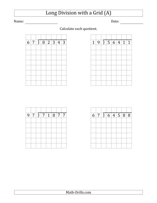 The 5-Digit by 2-Digit Long Division with Grid Assistance and NO Remainders (Old) Math Worksheet
