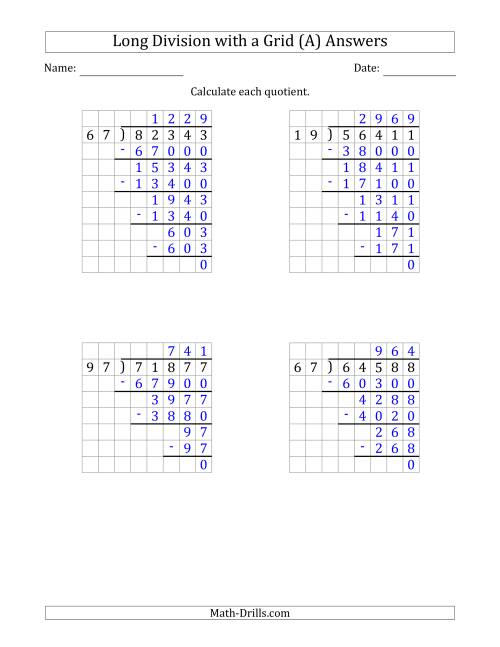 The 5-Digit by 2-Digit Long Division with Grid Assistance and NO Remainders (Old) Math Worksheet Page 2