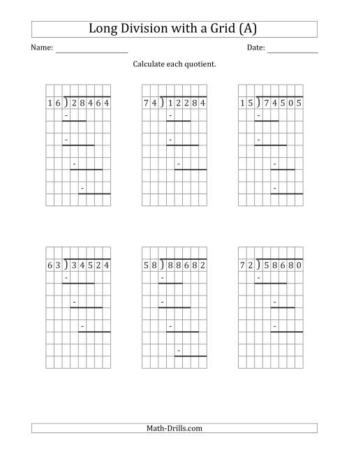 The 5-Digit by 2-Digit Long Division with Grid Assistance and Prompts and NO Remainders (A) Math Worksheet