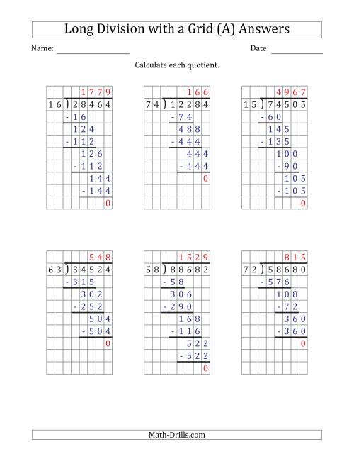 The 5-Digit by 2-Digit Long Division with Grid Assistance and Prompts and NO Remainders (A) Math Worksheet Page 2