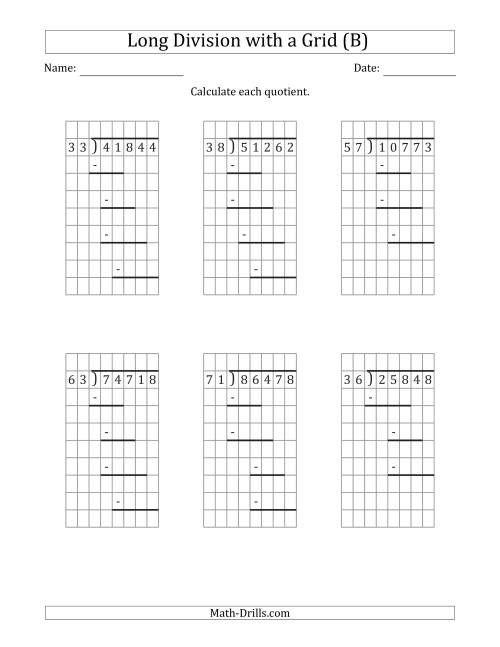 The 5-Digit by 2-Digit Long Division with Grid Assistance and Prompts and NO Remainders (B) Math Worksheet