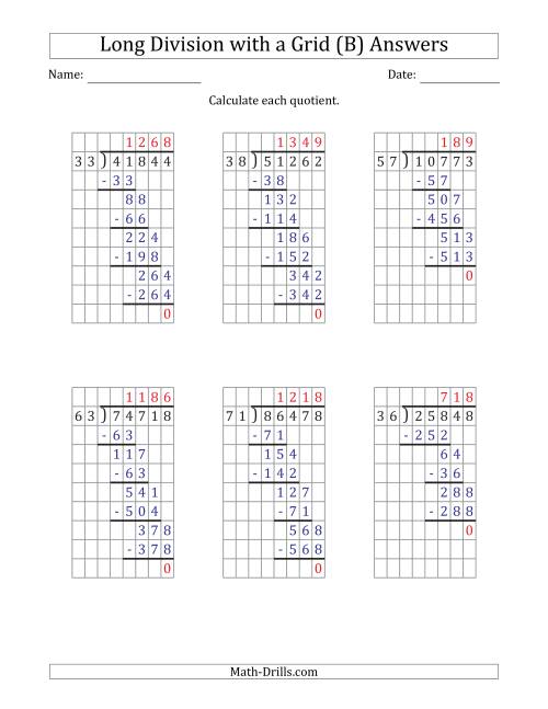 The 5-Digit by 2-Digit Long Division with Grid Assistance and Prompts and NO Remainders (B) Math Worksheet Page 2