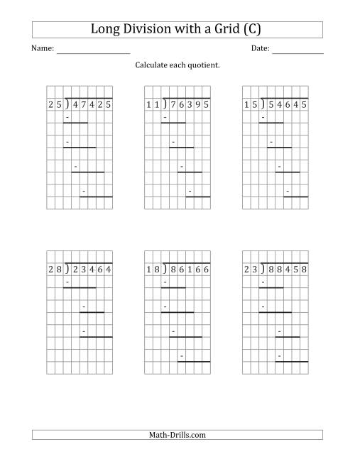 The 5-Digit by 2-Digit Long Division with Grid Assistance and Prompts and NO Remainders (C) Math Worksheet