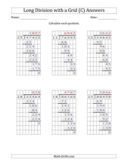 The 5-Digit by 2-Digit Long Division with Grid Assistance and Prompts and NO Remainders (C) Math Worksheet Page 2