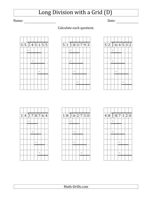 The 5-Digit by 2-Digit Long Division with Grid Assistance and Prompts and NO Remainders (D) Math Worksheet