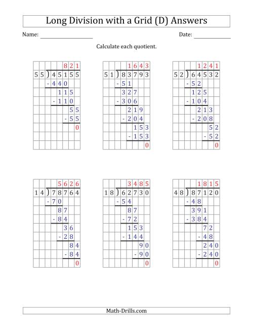 The 5-Digit by 2-Digit Long Division with Grid Assistance and Prompts and NO Remainders (D) Math Worksheet Page 2