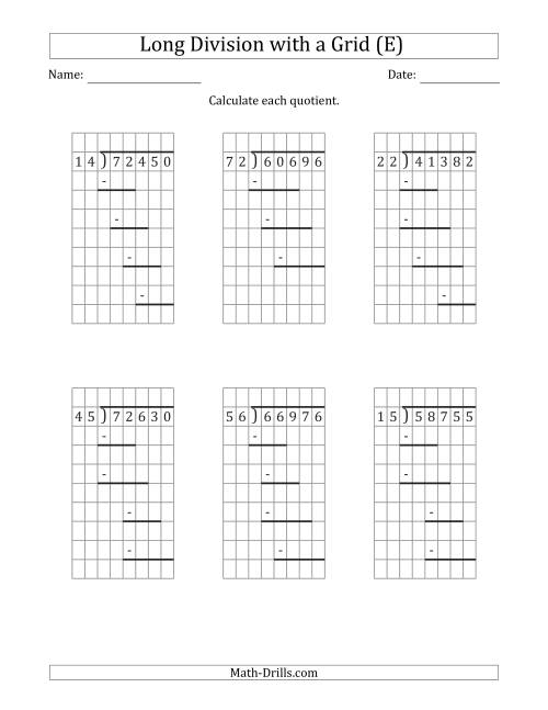 The 5-Digit by 2-Digit Long Division with Grid Assistance and Prompts and NO Remainders (E) Math Worksheet
