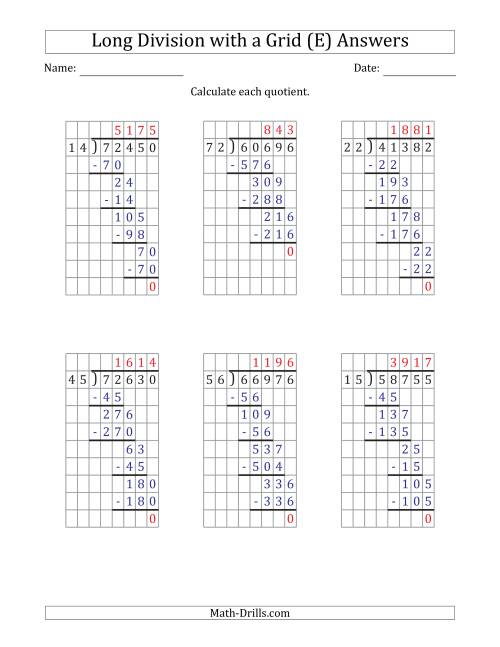 The 5-Digit by 2-Digit Long Division with Grid Assistance and Prompts and NO Remainders (E) Math Worksheet Page 2