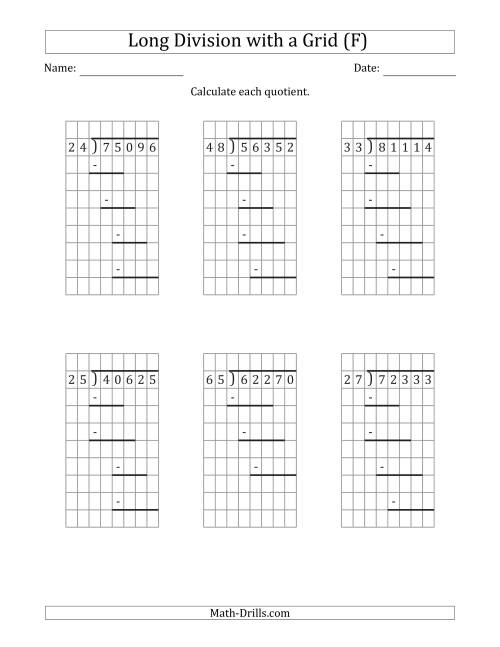 The 5-Digit by 2-Digit Long Division with Grid Assistance and Prompts and NO Remainders (F) Math Worksheet