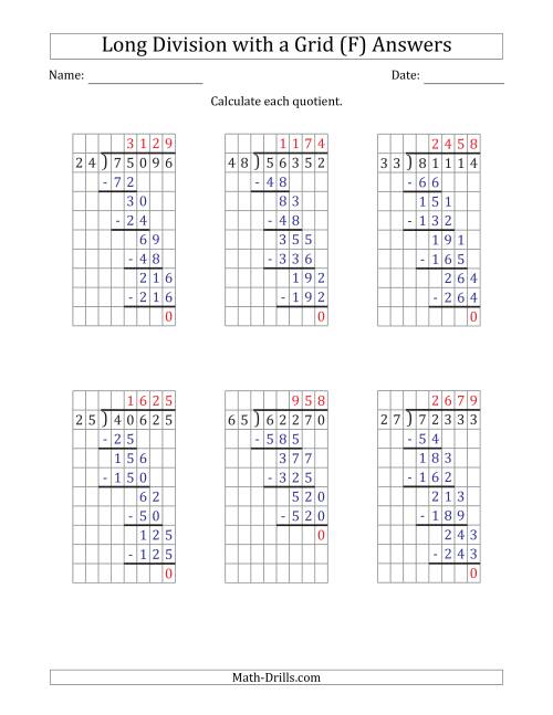 The 5-Digit by 2-Digit Long Division with Grid Assistance and Prompts and NO Remainders (F) Math Worksheet Page 2