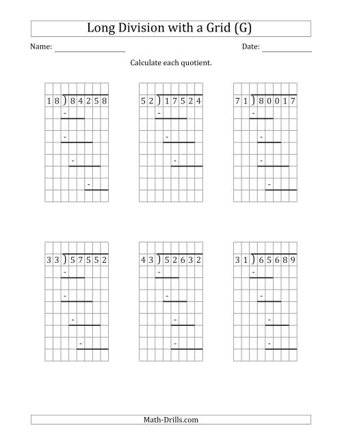The 5-Digit by 2-Digit Long Division with Grid Assistance and Prompts and NO Remainders (G) Math Worksheet