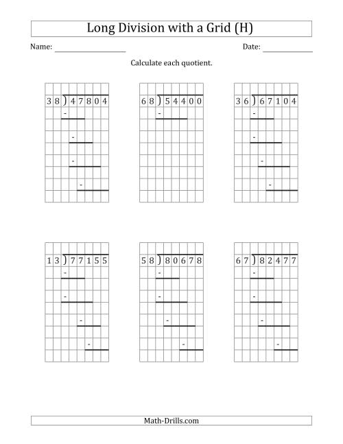 The 5-Digit by 2-Digit Long Division with Grid Assistance and Prompts and NO Remainders (H) Math Worksheet