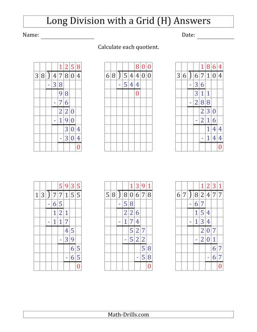 The 5-Digit by 2-Digit Long Division with Grid Assistance and Prompts and NO Remainders (H) Math Worksheet Page 2