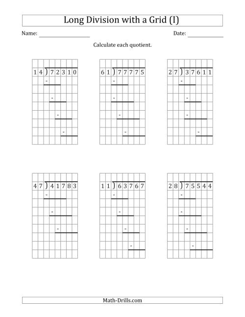 The 5-Digit by 2-Digit Long Division with Grid Assistance and Prompts and NO Remainders (I) Math Worksheet