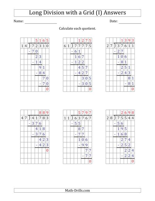 The 5-Digit by 2-Digit Long Division with Grid Assistance and Prompts and NO Remainders (I) Math Worksheet Page 2