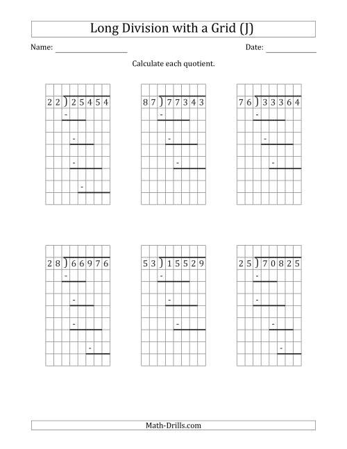 The 5-Digit by 2-Digit Long Division with Grid Assistance and Prompts and NO Remainders (J) Math Worksheet
