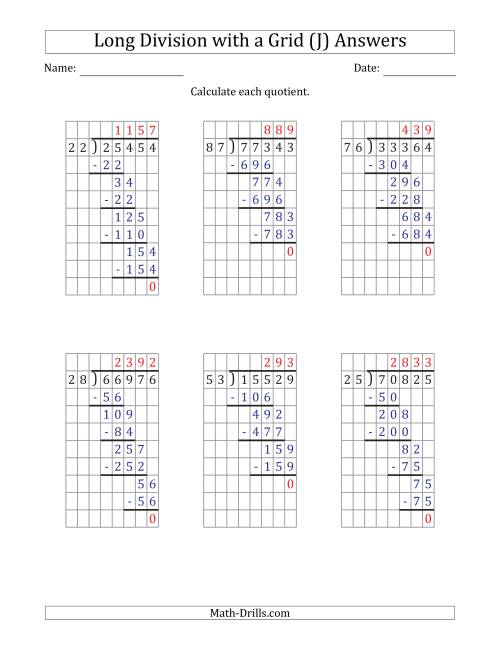 The 5-Digit by 2-Digit Long Division with Grid Assistance and Prompts and NO Remainders (J) Math Worksheet Page 2