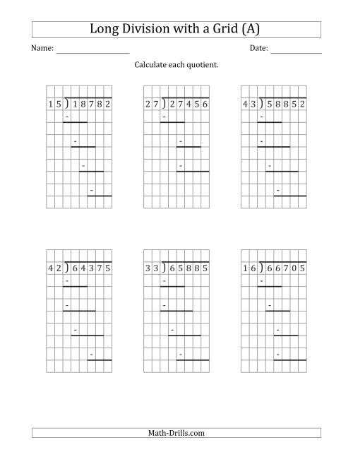 The 5-Digit by 2-Digit Long Division with Remainders with Grid Assistance and Prompts (A) Math Worksheet