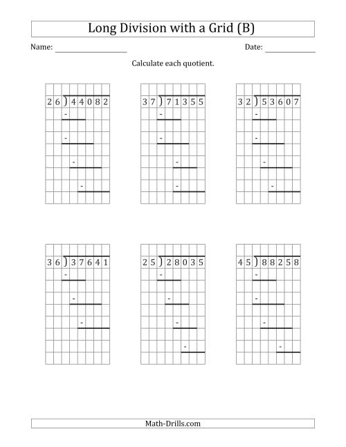 The 5-Digit by 2-Digit Long Division with Remainders with Grid Assistance and Prompts (B) Math Worksheet