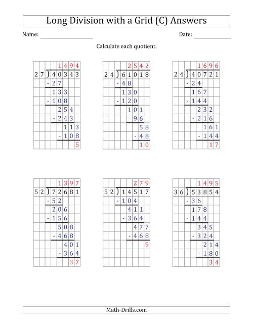 The 5-Digit by 2-Digit Long Division with Remainders with Grid Assistance and Prompts (C) Math Worksheet Page 2