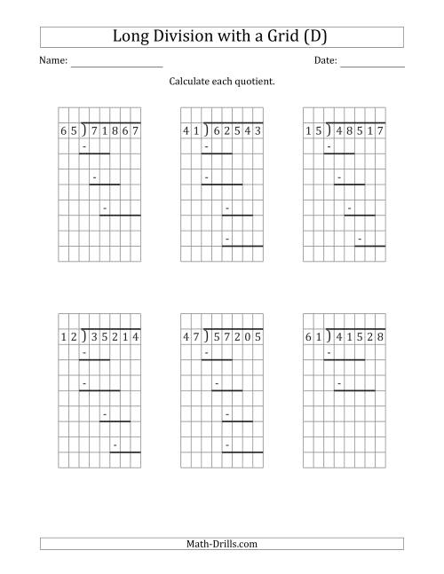 The 5-Digit by 2-Digit Long Division with Remainders with Grid Assistance and Prompts (D) Math Worksheet