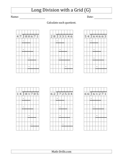 The 5-Digit by 2-Digit Long Division with Remainders with Grid Assistance and Prompts (G) Math Worksheet
