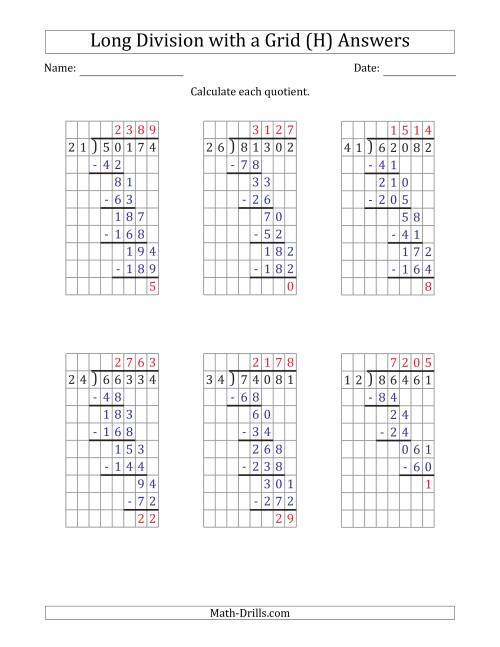 The 5-Digit by 2-Digit Long Division with Remainders with Grid Assistance and Prompts (H) Math Worksheet Page 2