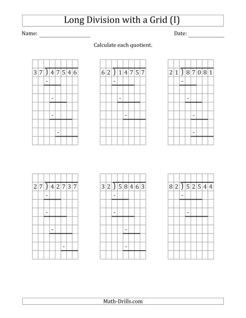 The 5-Digit by 2-Digit Long Division with Remainders with Grid Assistance and Prompts (I) Math Worksheet
