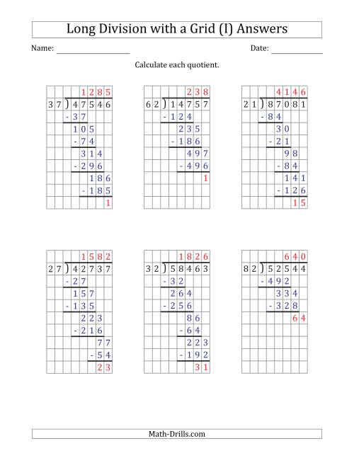 The 5-Digit by 2-Digit Long Division with Remainders with Grid Assistance and Prompts (I) Math Worksheet Page 2