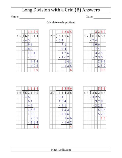 The 5-Digit by 2-Digit Long Division with Remainders with Grid Assistance (B) Math Worksheet Page 2