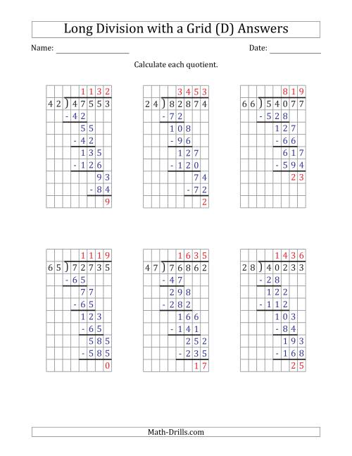 The 5-Digit by 2-Digit Long Division with Remainders with Grid Assistance (D) Math Worksheet Page 2