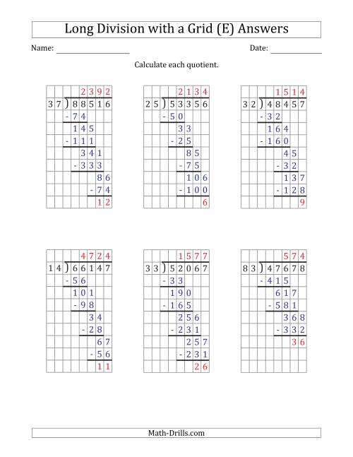 The 5-Digit by 2-Digit Long Division with Remainders with Grid Assistance (E) Math Worksheet Page 2