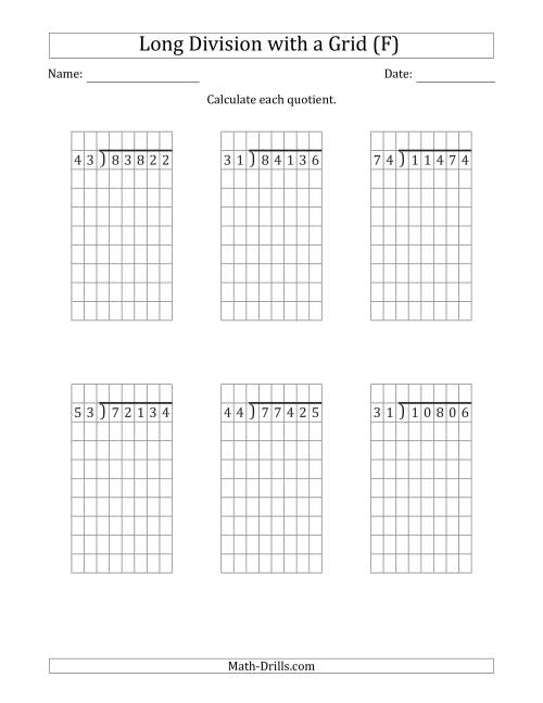 The 5-Digit by 2-Digit Long Division with Remainders with Grid Assistance (F) Math Worksheet