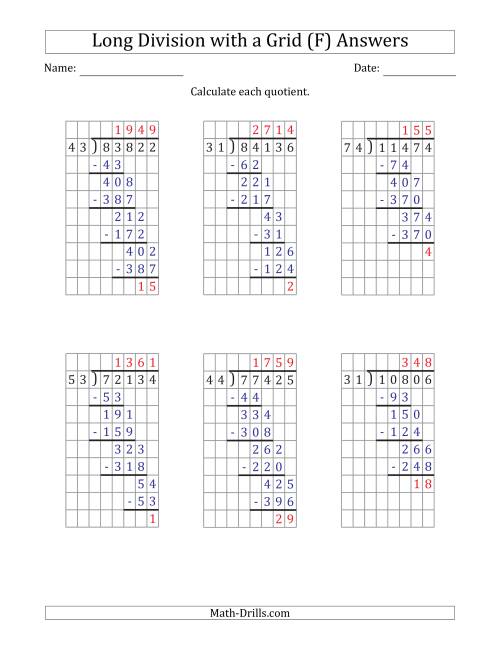 The 5-Digit by 2-Digit Long Division with Remainders with Grid Assistance (F) Math Worksheet Page 2