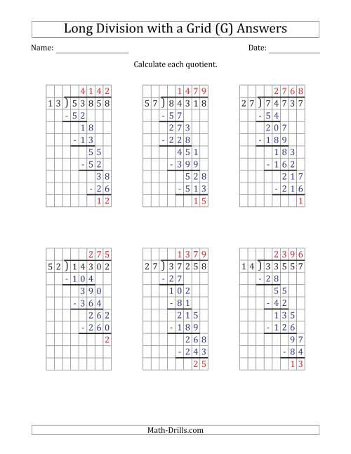 The 5-Digit by 2-Digit Long Division with Remainders with Grid Assistance (G) Math Worksheet Page 2