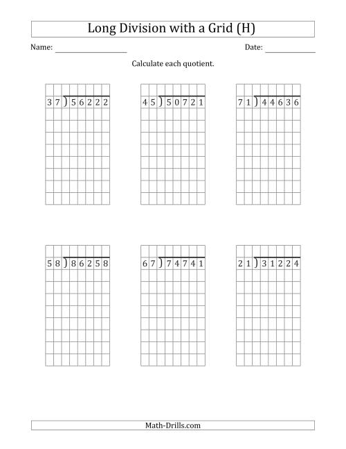 The 5-Digit by 2-Digit Long Division with Remainders with Grid Assistance (H) Math Worksheet