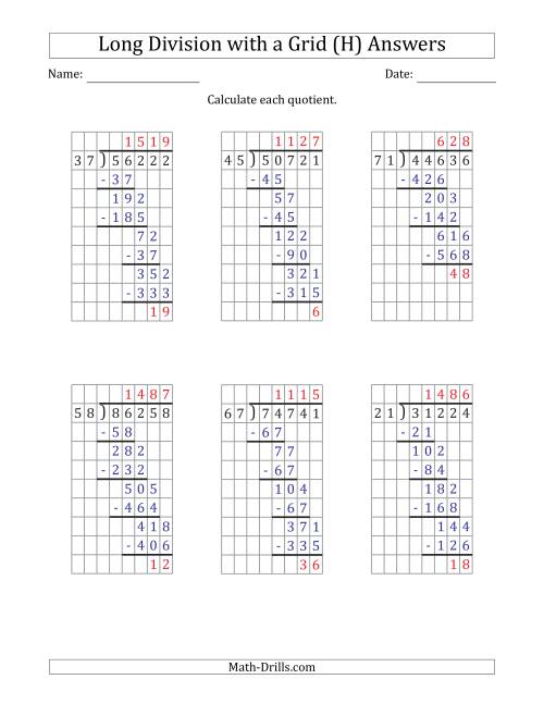 The 5-Digit by 2-Digit Long Division with Remainders with Grid Assistance (H) Math Worksheet Page 2