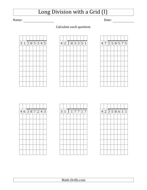 The 5-Digit by 2-Digit Long Division with Remainders with Grid Assistance (I) Math Worksheet