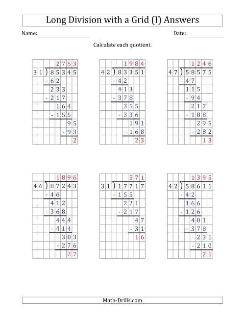 The 5-Digit by 2-Digit Long Division with Remainders with Grid Assistance (I) Math Worksheet Page 2